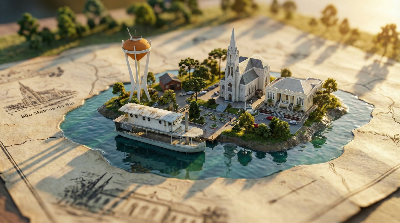 Diorama artístico representando a paisagem de São Mateus do Sul com montanhas, rio Iguaçu e vegetação típica da região